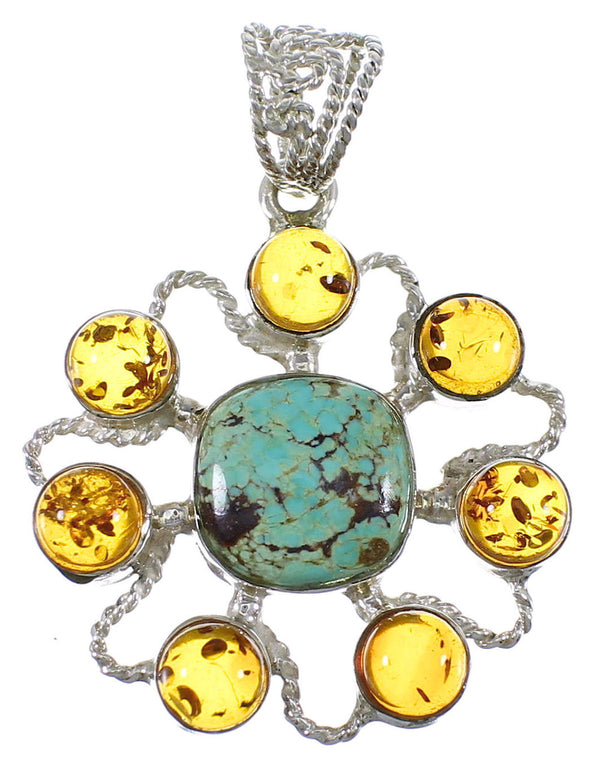 #8 Turquoise And Amber Southwestern Authentic Sterling Silver Pendant QX74116